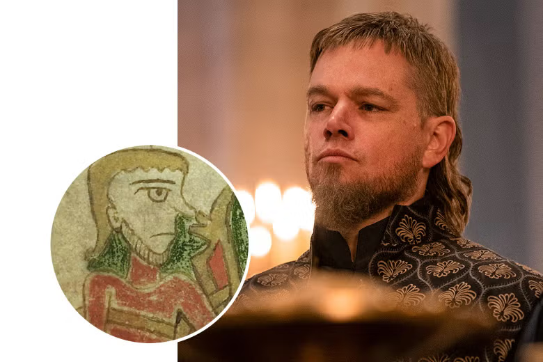 Matt Damon jako Jean de Carrouges; inspirace pro podobu postavy. Detail z rukopisu pocházejícího pravděpodobně z 16. století, Irsko.