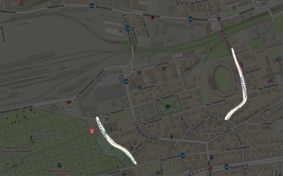 Mapa s vyznačením ulic Pod Kapličkou a Nad Kapličkou
