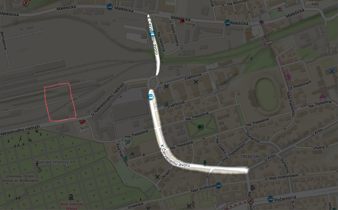 Mapa s vyznačením ulice K Červenému dvoru