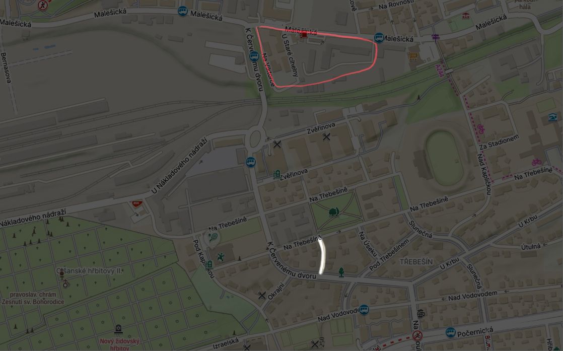 Mapa s vyznačením ulice Pod Viktorkou a přibližně vyznačenou lokalitou, kde se nacházela usedlost Viktorka s přilehlou cihelnou