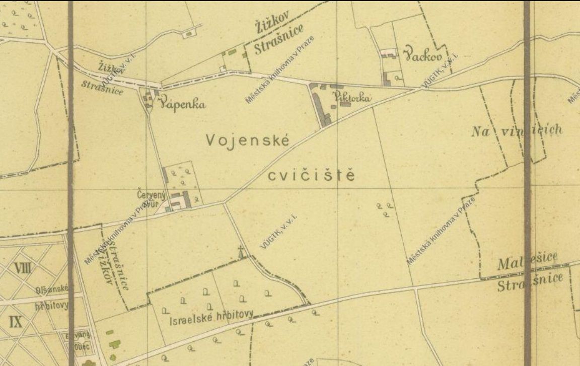Mapa z roku 1907, na níž je vidět usedlost Viktorka s cihelnou, ale i Boží muka a Červený dvůr