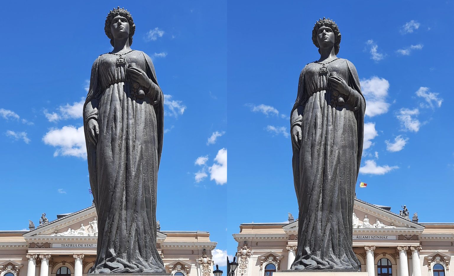 Královna Marie byla všude. Stejně jako maďarské nápisy doprovázející rumunské. Zde například divadlo v Oradee