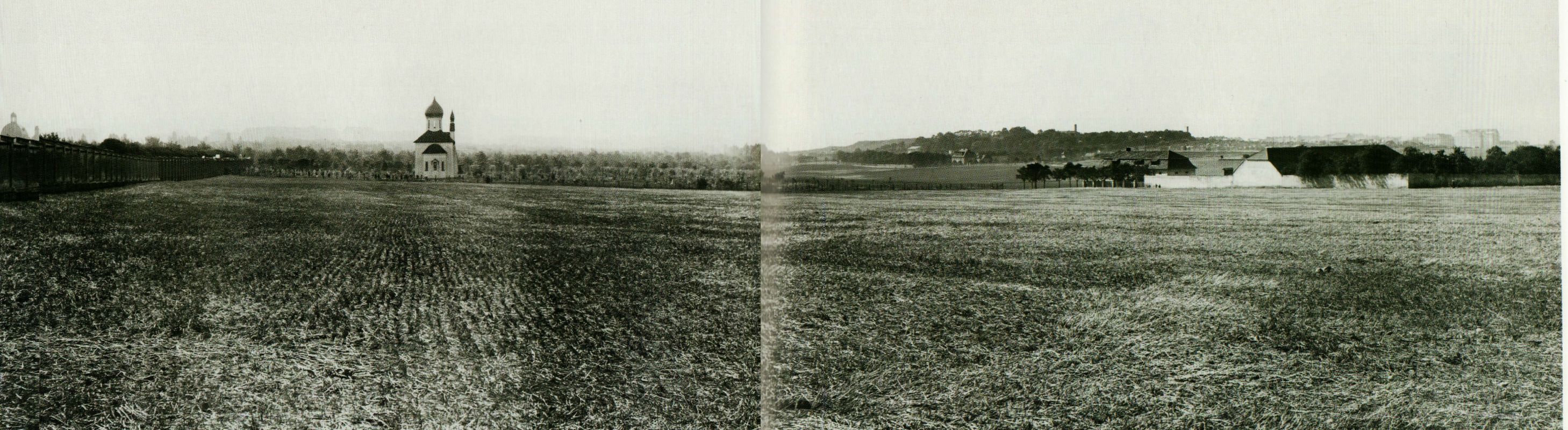 Panoramatická fotografie z roku 1926 na pole, kde se dnes rozkládají hřbitovy - židovský, pravoslavný, i čestné vojenské pohřebiště. Na fotografii je vidět pravoslavný chrám a v pravé části pak usedlost Červený dvůr.