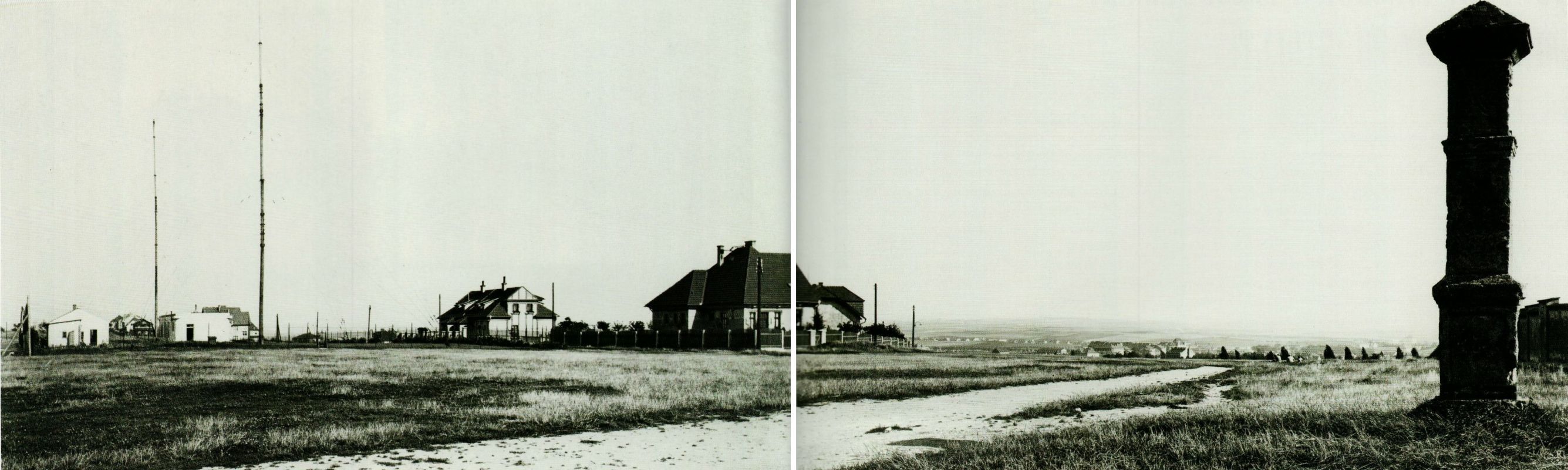 Panoramatická fotografie z roku 1926, na níž je vidět jednak Boží muka a pak také stožáry vysílače. Polní cesta bude jednou silnicí Pod Kapličkou